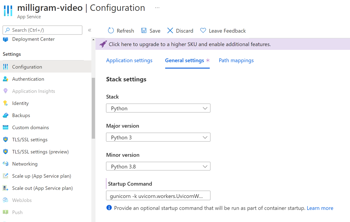 How to configure the Startup Command of the Web application