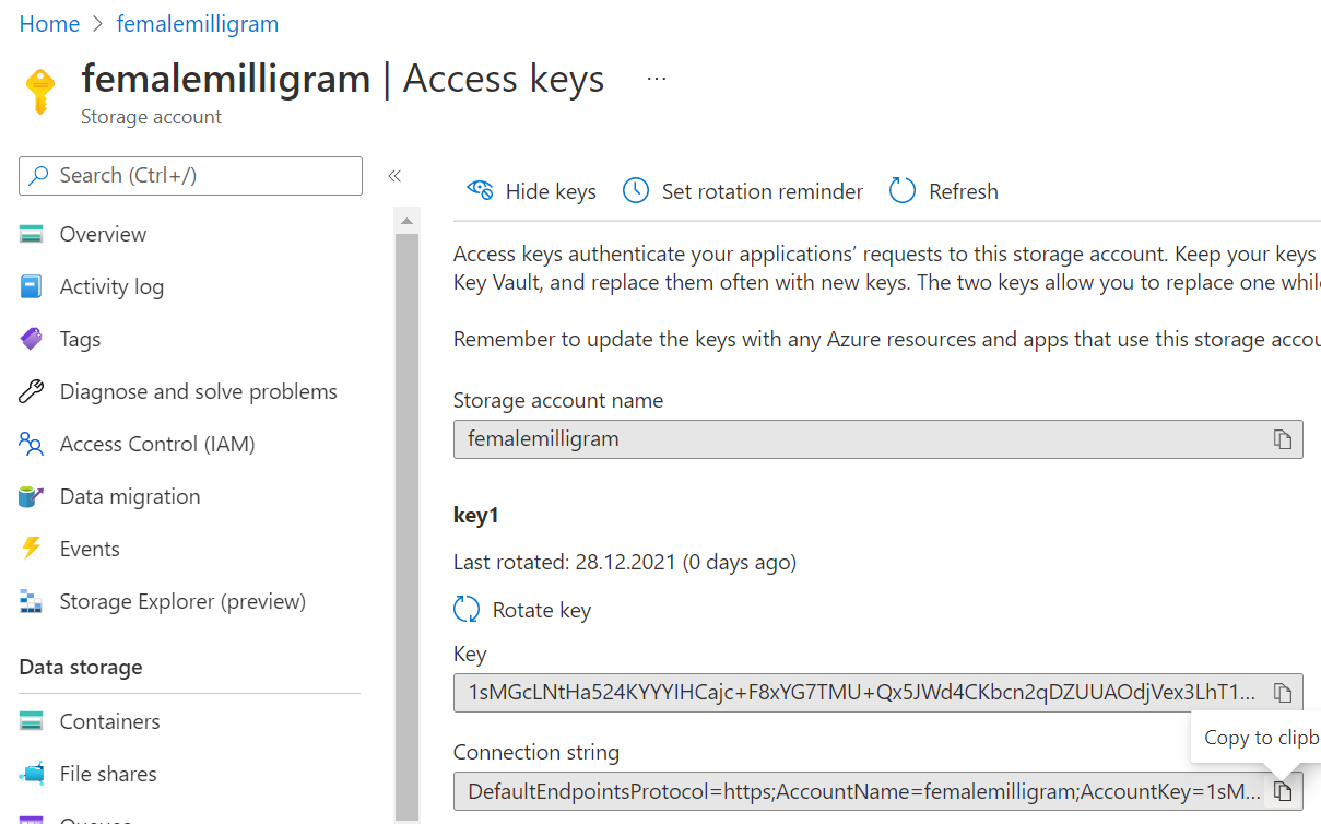 Screenshot of Access key page in Azure portal