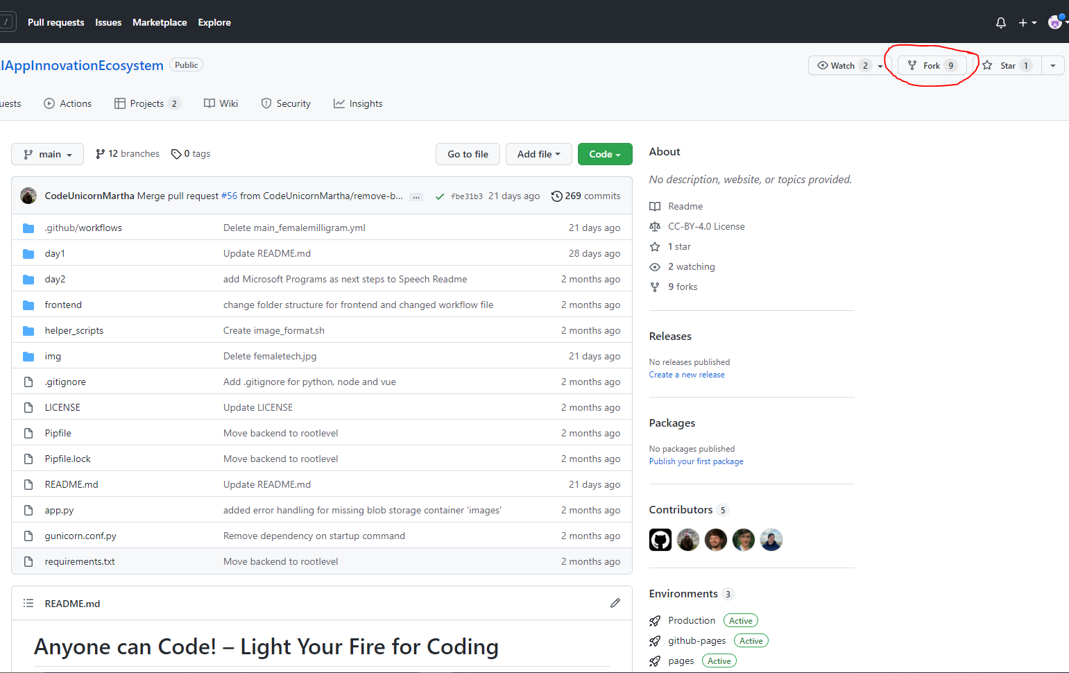 Highlighted fork button top right