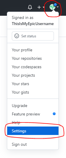 Top right user icon options popup